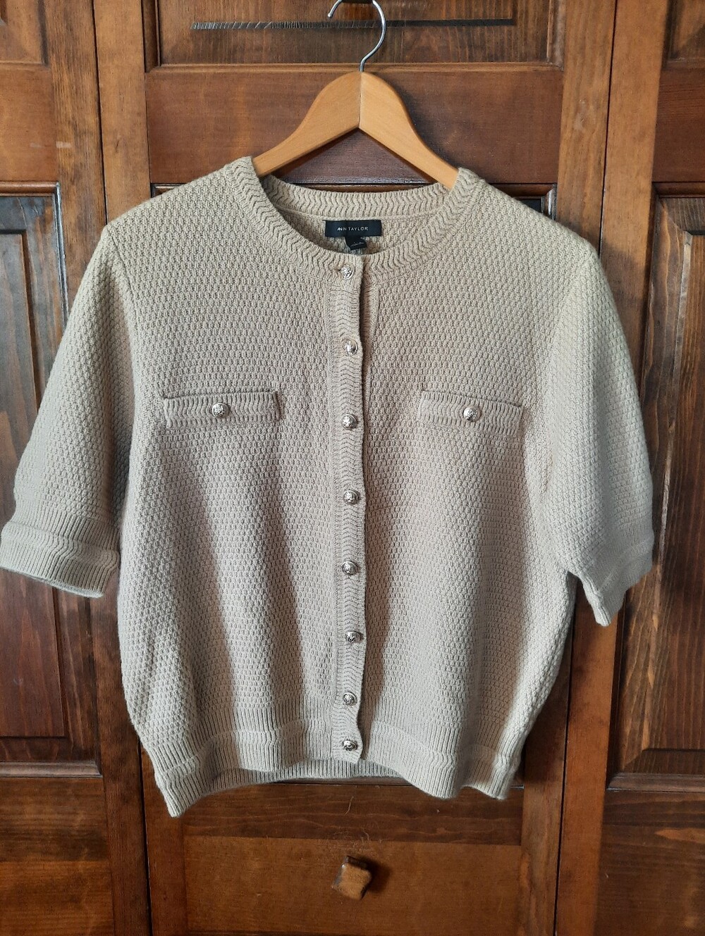 NWT Ann Taylor Blouson Sleeve Stitch Cardigan Tan Lady Jacket Sweater Size Large